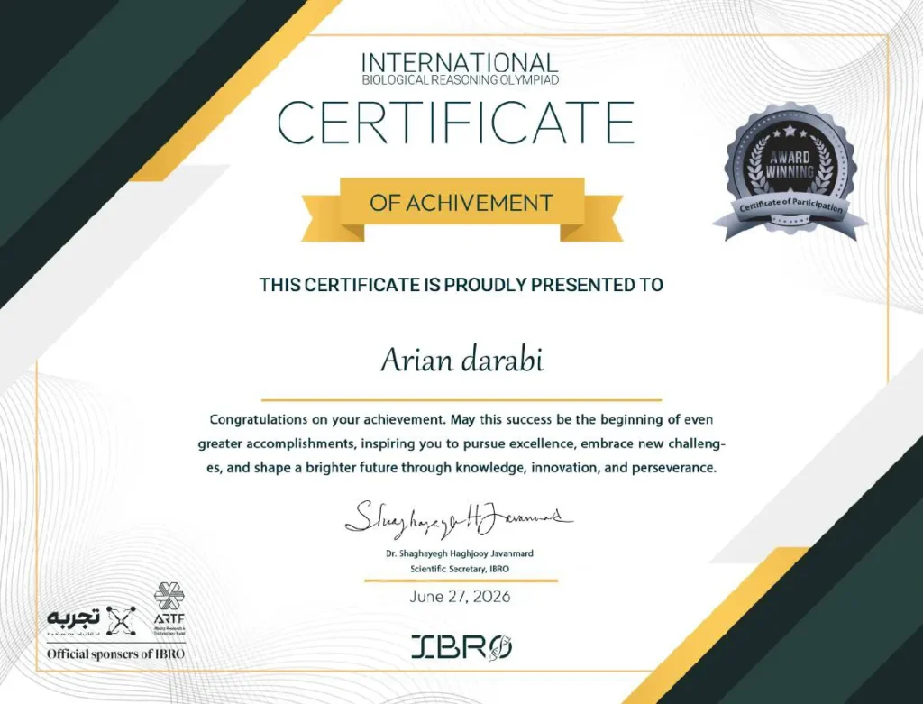 درخشش آرین دارابی در المپیاد بینالمللی زیستشناسی