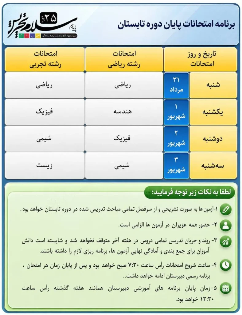 اعلام برنامه امتحانات پایان دوره تابستان دبیرستان سلام تجریش در هفته هفتم
